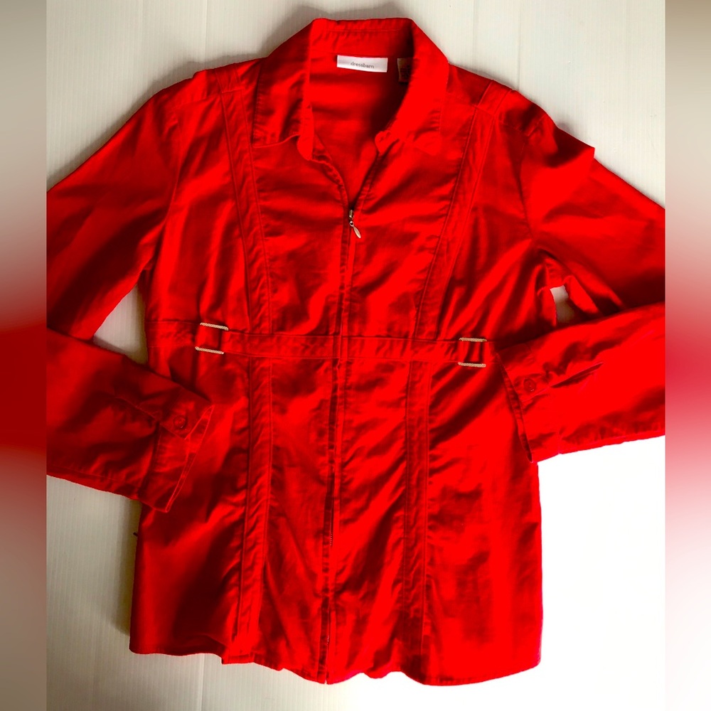 Dressbarn Red Corduroy  Buckles Zip Down Shirt Jacket Womens Size Medium